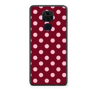 Θήκη Xiaomi Redmi Note 9 Pink Polka Dots on Burgundy από τη Smartfits με σχέδιο στο πίσω μέρος και μαύρο περίβλημα | Xiaomi Redmi Note 9 Pink Polka Dots on Burgundy case with colorful back and black bezels
