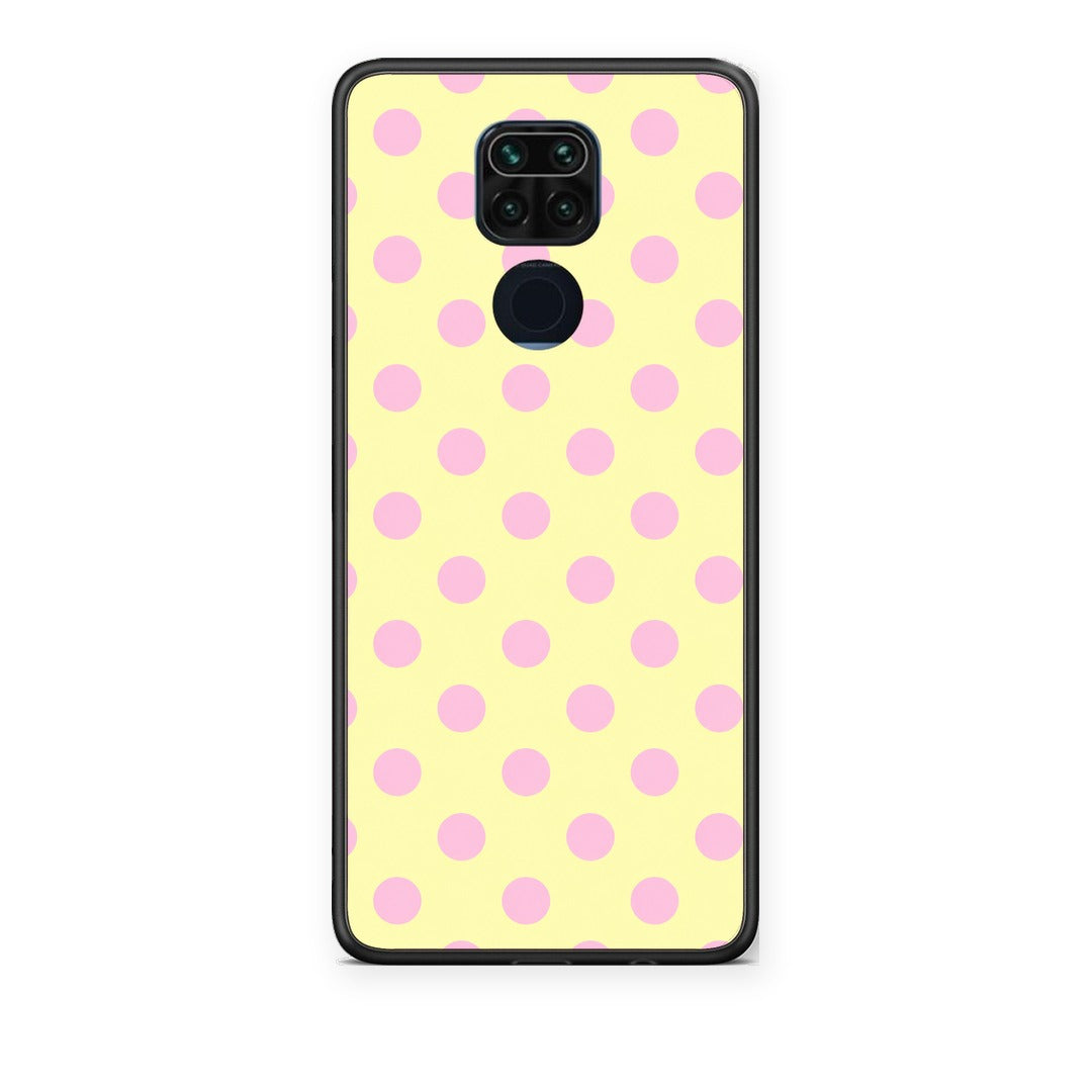 Θήκη Xiaomi Redmi Note 9 Pink Polka Dots on Yellow από τη Smartfits με σχέδιο στο πίσω μέρος και μαύρο περίβλημα | Xiaomi Redmi Note 9 Pink Polka Dots on Yellow case with colorful back and black bezels