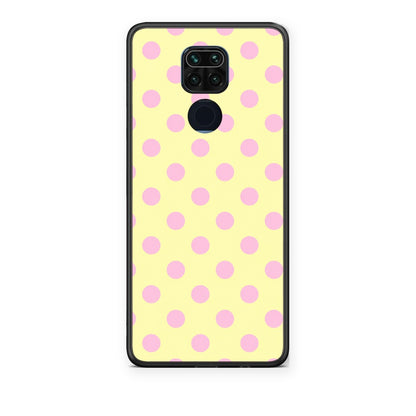 Θήκη Xiaomi Redmi Note 9 Pink Polka Dots on Yellow από τη Smartfits με σχέδιο στο πίσω μέρος και μαύρο περίβλημα | Xiaomi Redmi Note 9 Pink Polka Dots on Yellow case with colorful back and black bezels