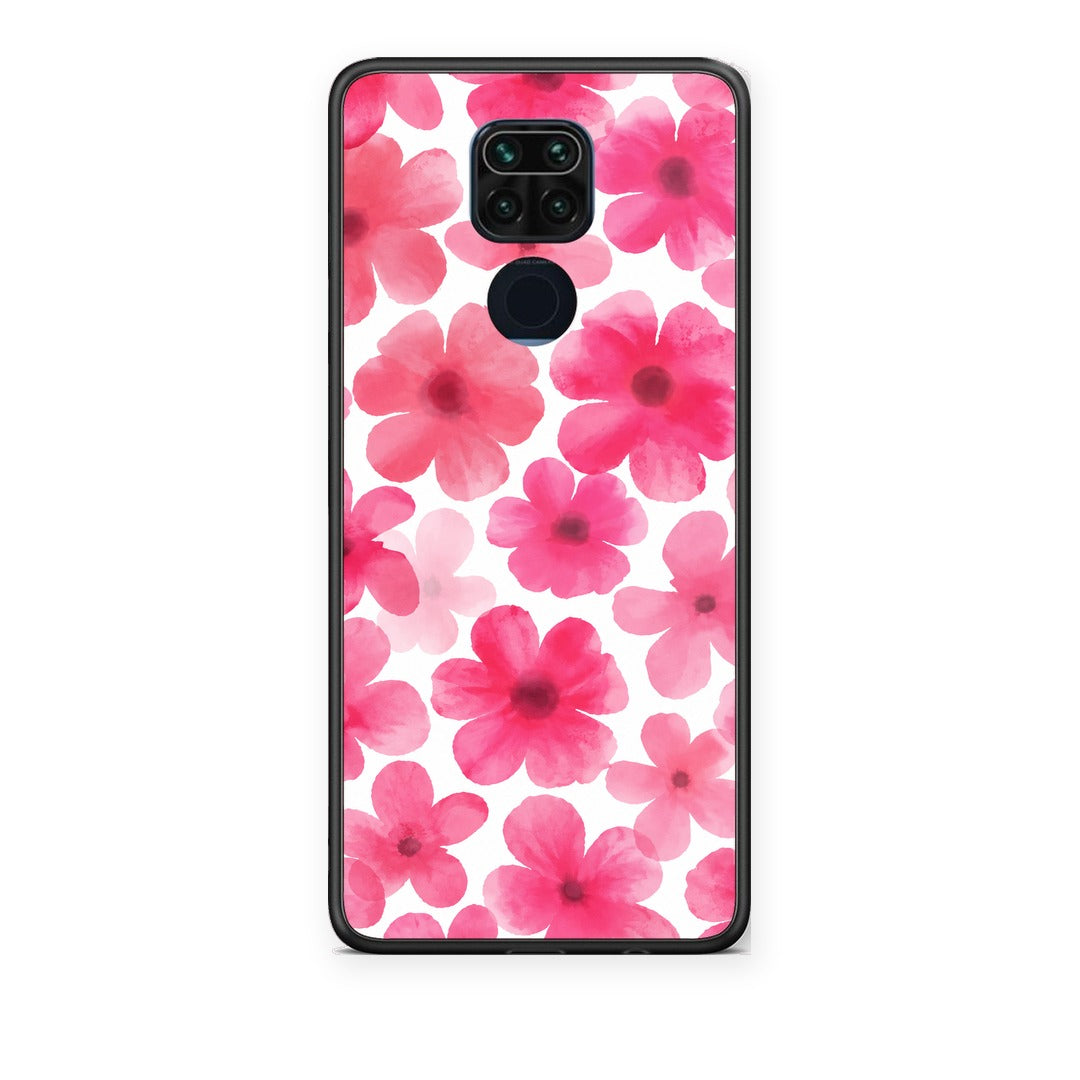 Θήκη Xiaomi Redmi Note 9 Pink Watercolour Flowers on White από τη Smartfits με σχέδιο στο πίσω μέρος και μαύρο περίβλημα | Xiaomi Redmi Note 9 Pink Watercolour Flowers on White case with colorful back and black bezels