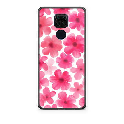 Θήκη Xiaomi Redmi Note 9 Pink Watercolour Flowers on White από τη Smartfits με σχέδιο στο πίσω μέρος και μαύρο περίβλημα | Xiaomi Redmi Note 9 Pink Watercolour Flowers on White case with colorful back and black bezels
