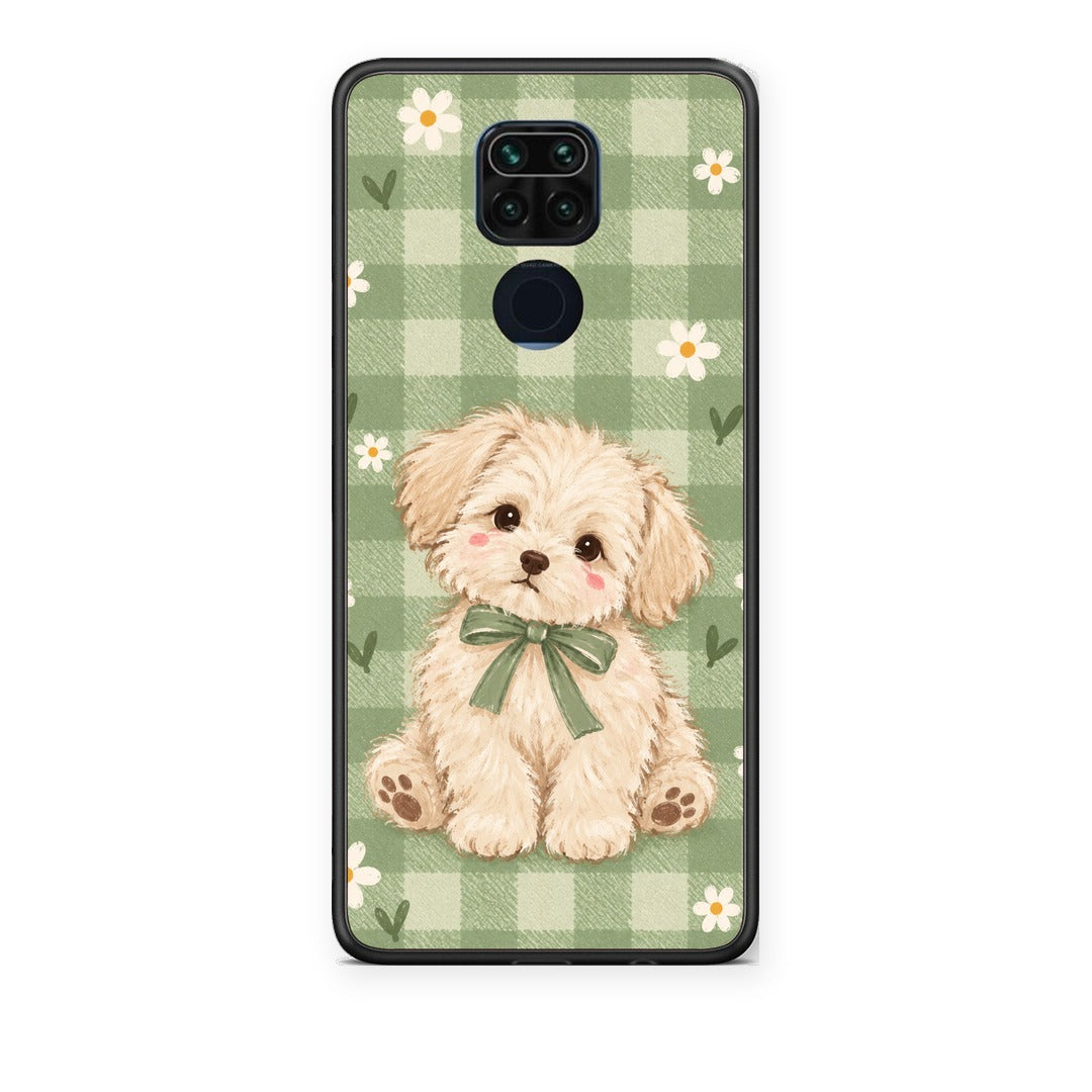 Θήκη Xiaomi Redmi Note 9 Puppy and Daisies on Sage Gingham από τη Smartfits με σχέδιο στο πίσω μέρος και μαύρο περίβλημα | Xiaomi Redmi Note 9 Puppy and Daisies on Sage Gingham case with colorful back and black bezels