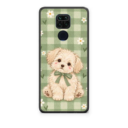 Θήκη Xiaomi Redmi Note 9 Puppy and Daisies on Sage Gingham από τη Smartfits με σχέδιο στο πίσω μέρος και μαύρο περίβλημα | Xiaomi Redmi Note 9 Puppy and Daisies on Sage Gingham case with colorful back and black bezels