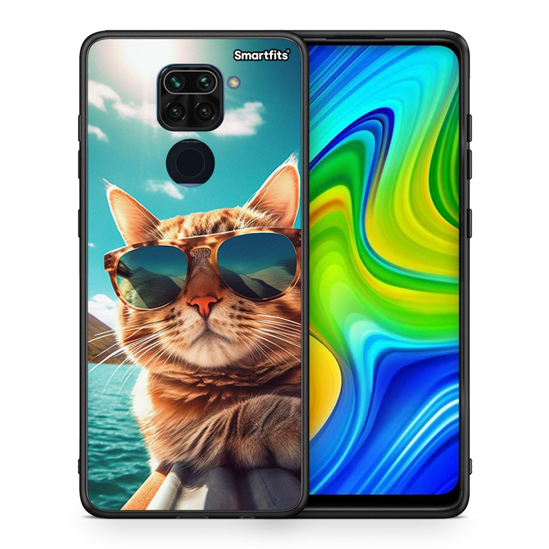 Θήκη Xiaomi Redmi Note 9 Summer Cat από τη Smartfits με σχέδιο στο πίσω μέρος και μαύρο περίβλημα | Xiaomi Redmi Note 9 Summer Cat case with colorful back and black bezels