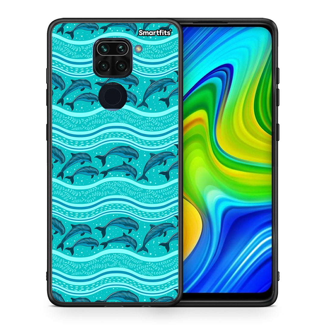 Θήκη Xiaomi Redmi Note 9 Swimming Dolphins από τη Smartfits με σχέδιο στο πίσω μέρος και μαύρο περίβλημα | Xiaomi Redmi Note 9 Swimming Dolphins case with colorful back and black bezels