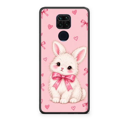 Θήκη Xiaomi Redmi Note 9 White Bunny and Pink Bows από τη Smartfits με σχέδιο στο πίσω μέρος και μαύρο περίβλημα | Xiaomi Redmi Note 9 White Bunny and Pink Bows case with colorful back and black bezels