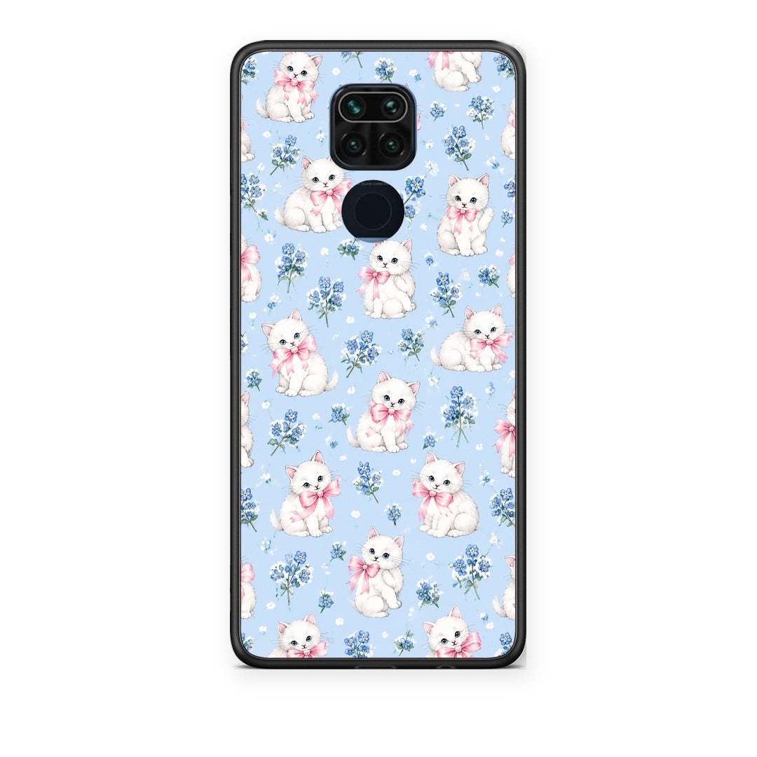 Θήκη Xiaomi Redmi Note 9 White Kittens and Blue Flowers Small από τη Smartfits με σχέδιο στο πίσω μέρος και μαύρο περίβλημα | Xiaomi Redmi Note 9 White Kittens and Blue Flowers Small case with colorful back and black bezels