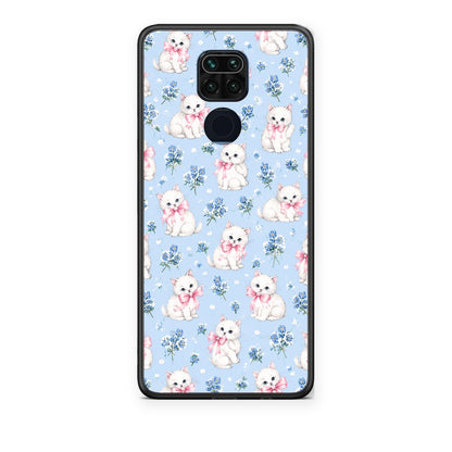Θήκη Xiaomi Redmi Note 9 White Kittens and Blue Flowers Small από τη Smartfits με σχέδιο στο πίσω μέρος και μαύρο περίβλημα | Xiaomi Redmi Note 9 White Kittens and Blue Flowers Small case with colorful back and black bezels