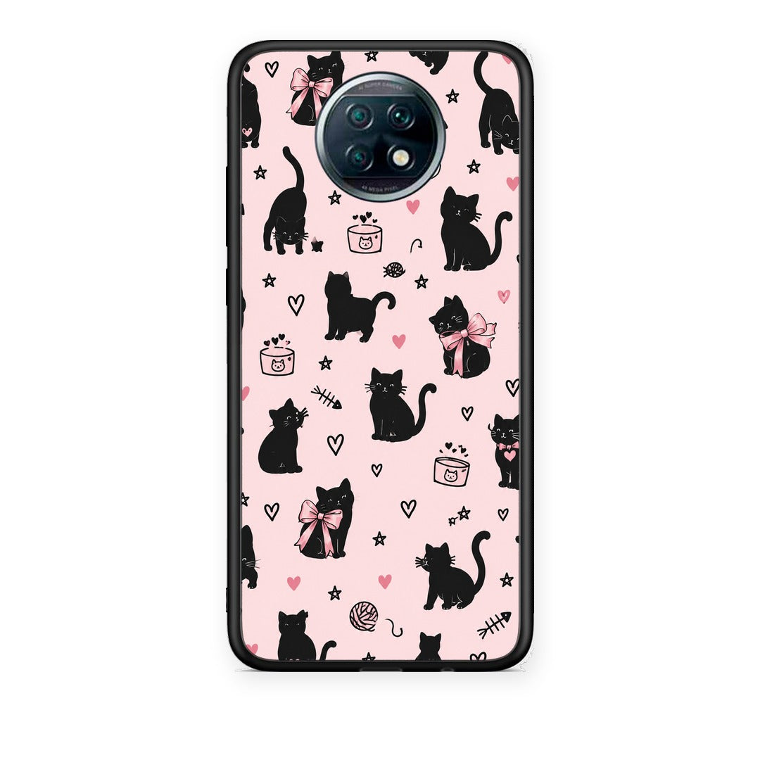 Θήκη Xiaomi Redmi Note 9T Black Cat Doodles on Pink από τη Smartfits με σχέδιο στο πίσω μέρος και μαύρο περίβλημα | Xiaomi Redmi Note 9T Black Cat Doodles on Pink case with colorful back and black bezels
