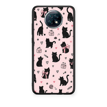 Θήκη Xiaomi Redmi Note 9T Black Cat Doodles on Pink από τη Smartfits με σχέδιο στο πίσω μέρος και μαύρο περίβλημα | Xiaomi Redmi Note 9T Black Cat Doodles on Pink case with colorful back and black bezels