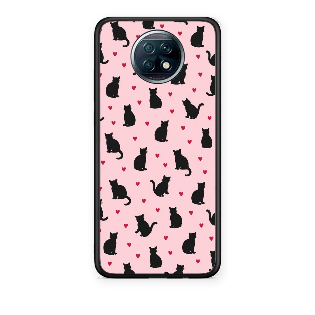 Θήκη Xiaomi Redmi Note 9T Black Cat Silhouettes and Hearts on Pink από τη Smartfits με σχέδιο στο πίσω μέρος και μαύρο περίβλημα | Xiaomi Redmi Note 9T Black Cat Silhouettes and Hearts on Pink case with colorful back and black bezels