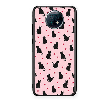 Θήκη Xiaomi Redmi Note 9T Black Cat Silhouettes and Hearts on Pink από τη Smartfits με σχέδιο στο πίσω μέρος και μαύρο περίβλημα | Xiaomi Redmi Note 9T Black Cat Silhouettes and Hearts on Pink case with colorful back and black bezels