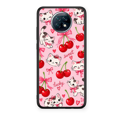 Θήκη Xiaomi Redmi Note 9T Cherries Bows and Kittens on Pink από τη Smartfits με σχέδιο στο πίσω μέρος και μαύρο περίβλημα | Xiaomi Redmi Note 9T Cherries Bows and Kittens on Pink case with colorful back and black bezels