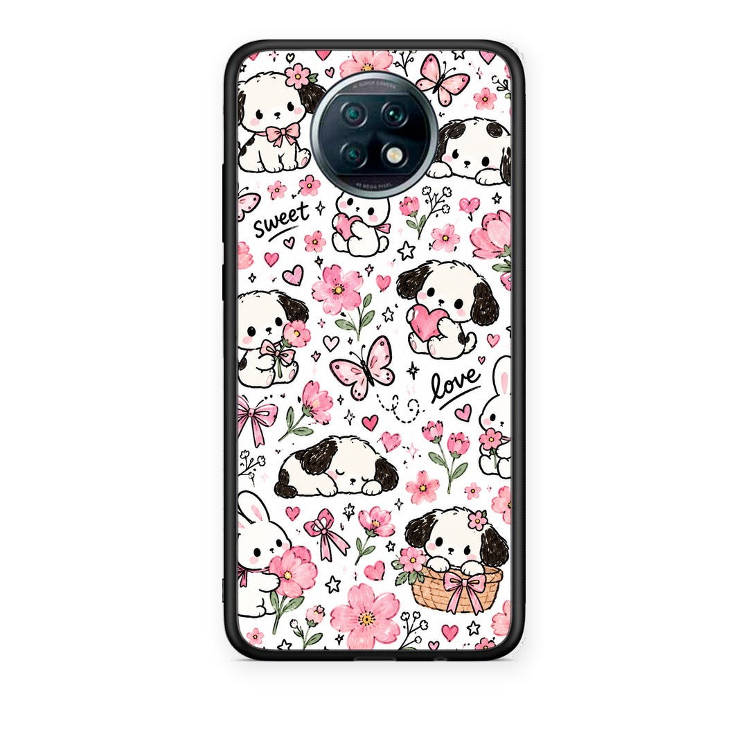 Θήκη Xiaomi Redmi Note 9T Pink Florals Puppies and Bunnies on White από τη Smartfits με σχέδιο στο πίσω μέρος και μαύρο περίβλημα | Xiaomi Redmi Note 9T Pink Florals Puppies and Bunnies on White case with colorful back and black bezels