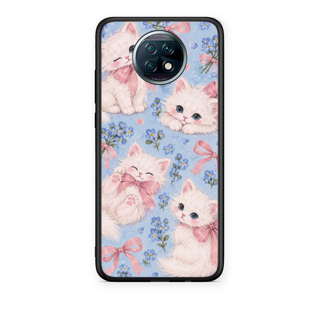 Θήκη Xiaomi Redmi Note 9T White Kittens and Blue Flowers Large από τη Smartfits με σχέδιο στο πίσω μέρος και μαύρο περίβλημα | Xiaomi Redmi Note 9T White Kittens and Blue Flowers Large case with colorful back and black bezels