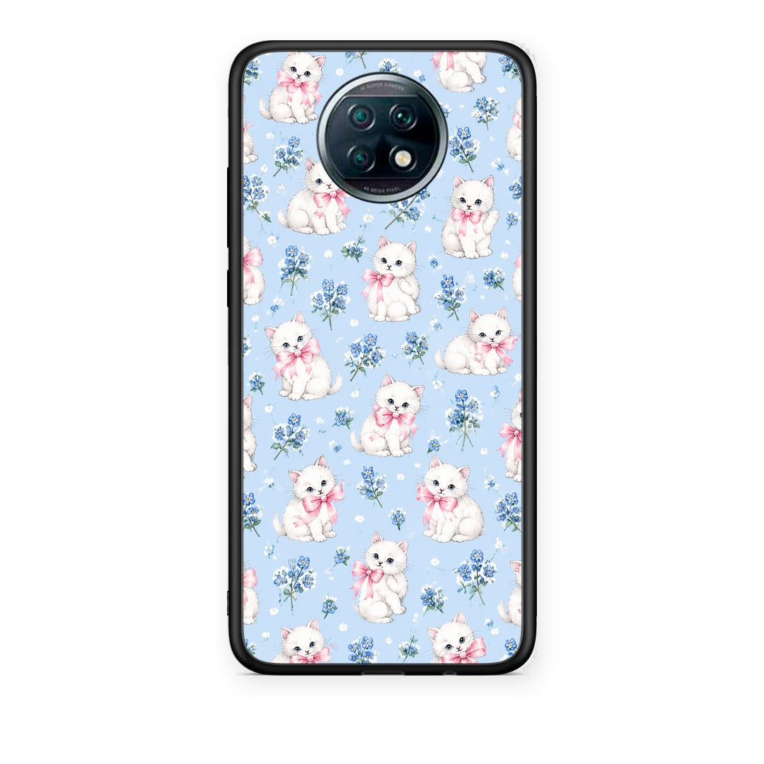 Θήκη Xiaomi Redmi Note 9T White Kittens and Blue Flowers Small από τη Smartfits με σχέδιο στο πίσω μέρος και μαύρο περίβλημα | Xiaomi Redmi Note 9T White Kittens and Blue Flowers Small case with colorful back and black bezels