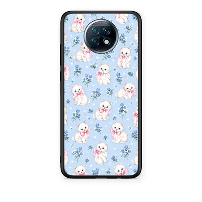 Θήκη Xiaomi Redmi Note 9T White Kittens and Blue Flowers Small από τη Smartfits με σχέδιο στο πίσω μέρος και μαύρο περίβλημα | Xiaomi Redmi Note 9T White Kittens and Blue Flowers Small case with colorful back and black bezels