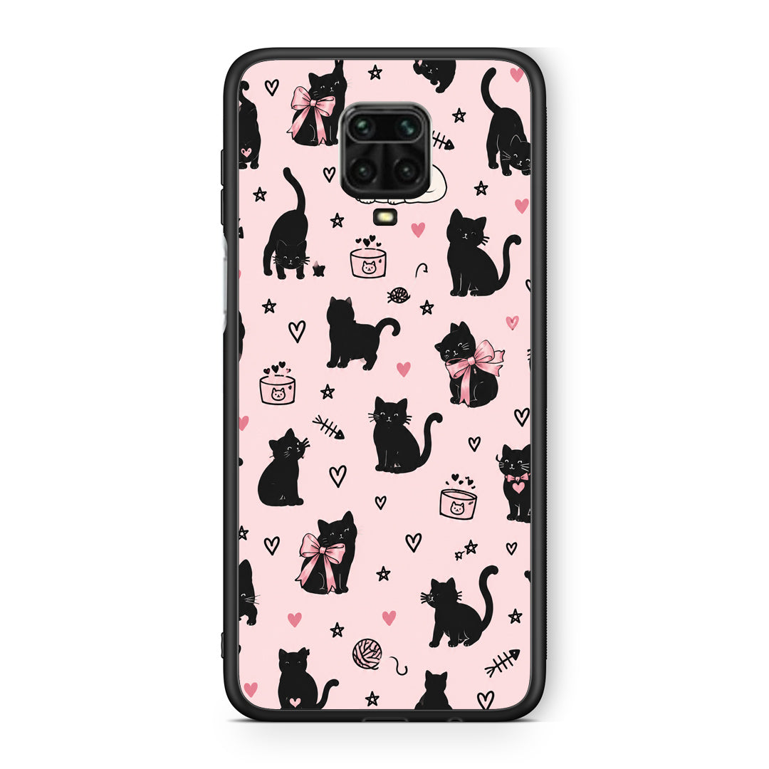 Θήκη Xiaomi Redmi Note 9S / 9 Pro / 9 Pro Max Black Cat Doodles on Pink από τη Smartfits με σχέδιο στο πίσω μέρος και μαύρο περίβλημα | Xiaomi Redmi Note 9S / 9 Pro / 9 Pro Max Black Cat Doodles on Pink case with colorful back and black bezels