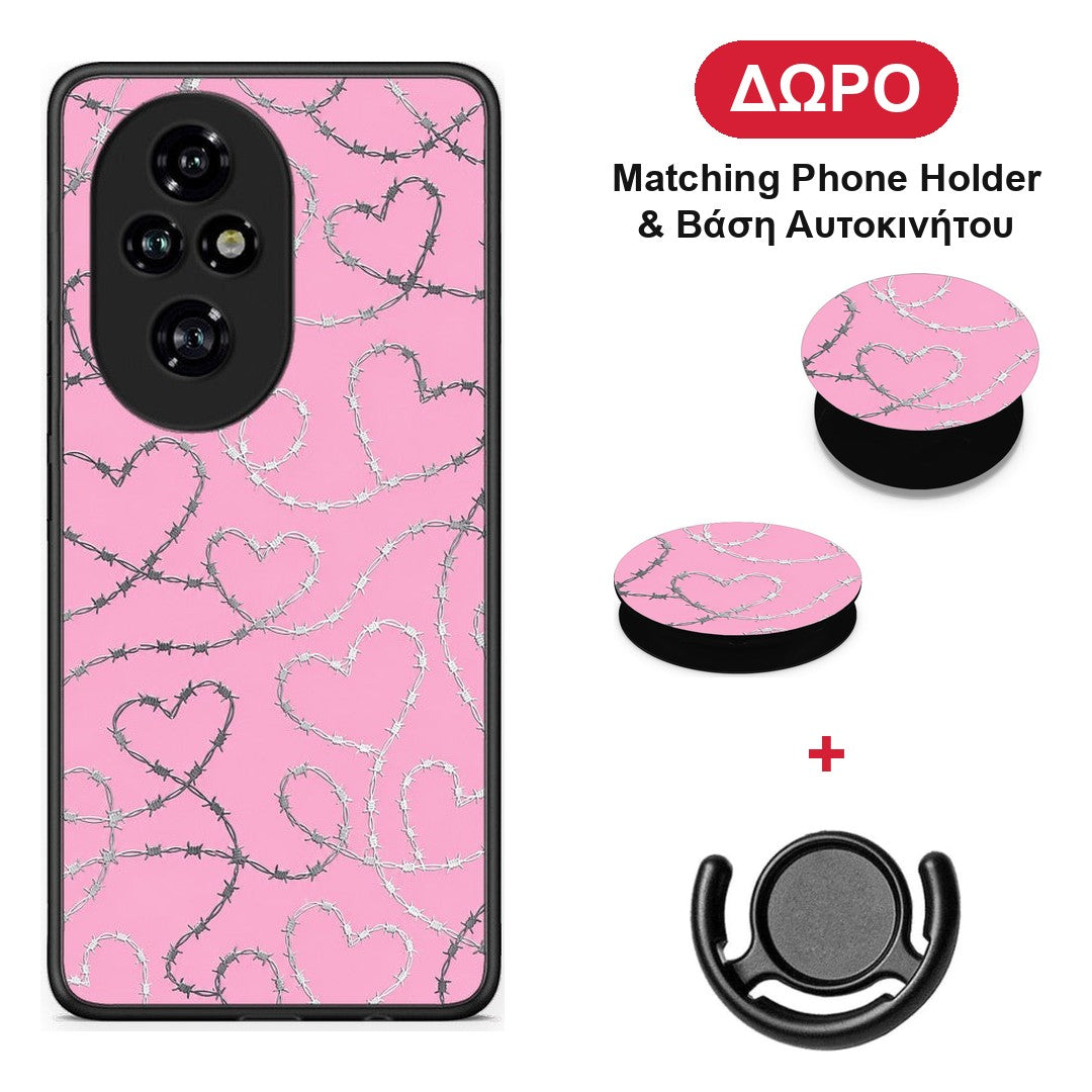 Barbed Wire Hearts on Pink - Honor 200 Pro 5G θήκη + Δώρο Phone Holder & Βάση Αυτοκινήτου