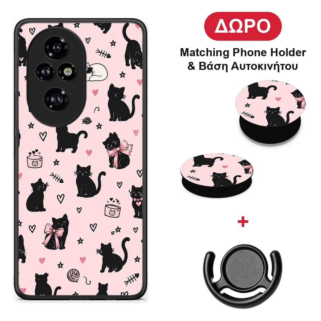 Black Cat Doodles on Pink - Honor 200 Pro 5G θήκη + Δώρο Phone Holder & Βάση Αυτοκινήτου