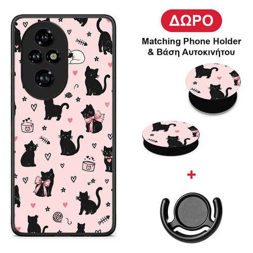 Black Cat Doodles on Pink - Honor 200 Pro 5G θήκη + Δώρο Phone Holder & Βάση Αυτοκινήτου