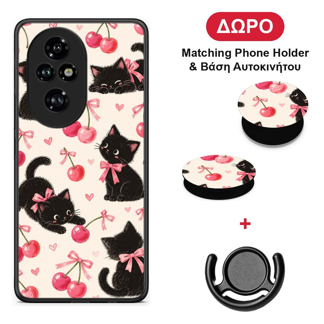 Black Kittens and Cherries on Cream - Honor 200 Pro 5G θήκη + Δώρο Phone Holder & Βάση Αυτοκινήτου