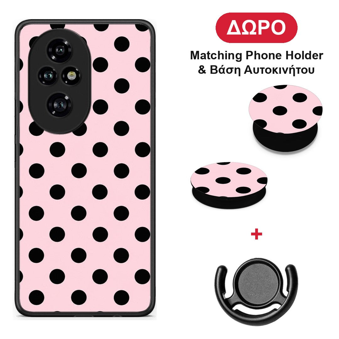 Black Polka Dots on Pink - Honor 200 Pro 5G θήκη + Δώρο Phone Holder & Βάση Αυτοκινήτου