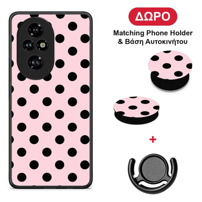 Black Polka Dots on Pink - Honor 200 Pro 5G θήκη + Δώρο Phone Holder & Βάση Αυτοκινήτου