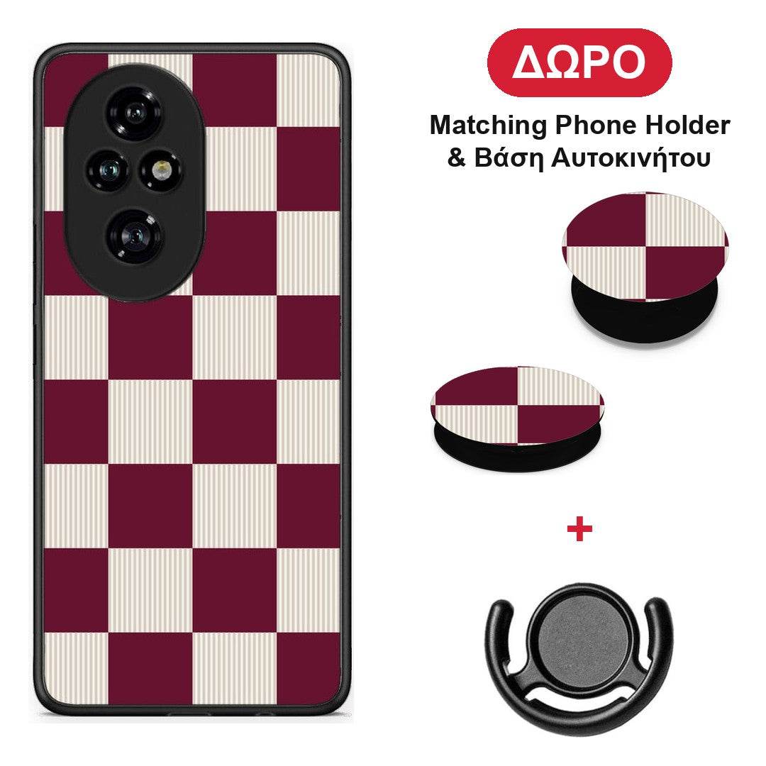 Burgundy and Cream Striped Checks - Honor 200 Pro 5G θήκη + Δώρο Phone Holder & Βάση Αυτοκινήτου