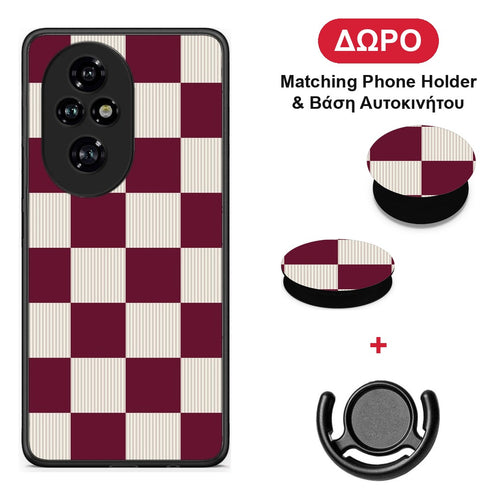 Burgundy and Cream Striped Checks - Honor 200 Pro 5G θήκη + Δώρο Phone Holder & Βάση Αυτοκινήτου