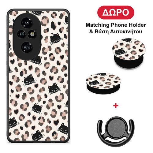 Leopard Spots and Black Cats on Cream - Honor 200 Pro 5G θήκη + Δώρο Phone Holder & Βάση Αυτοκινήτου