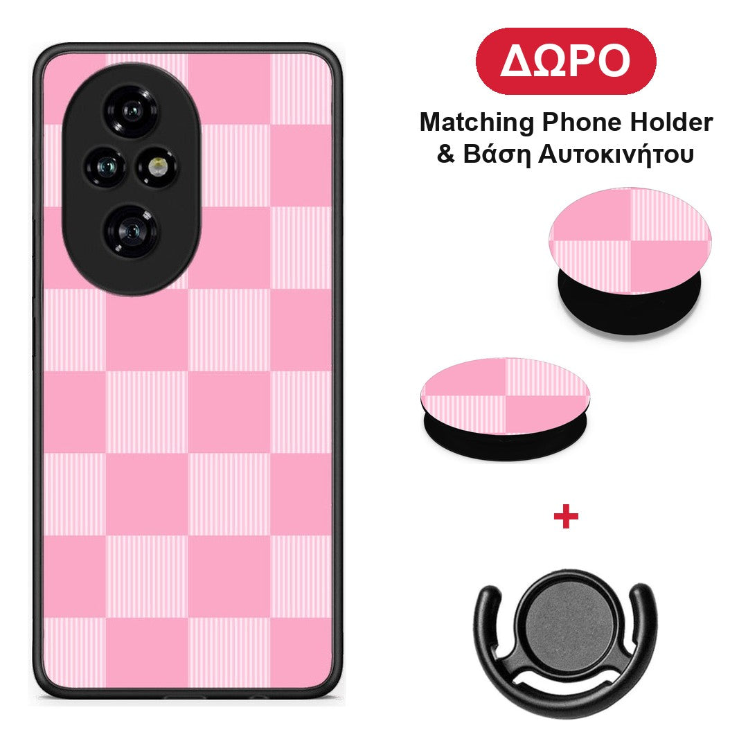Pink and White Striped Checks - Honor 200 Pro 5G θήκη + Δώρο Phone Holder & Βάση Αυτοκινήτου