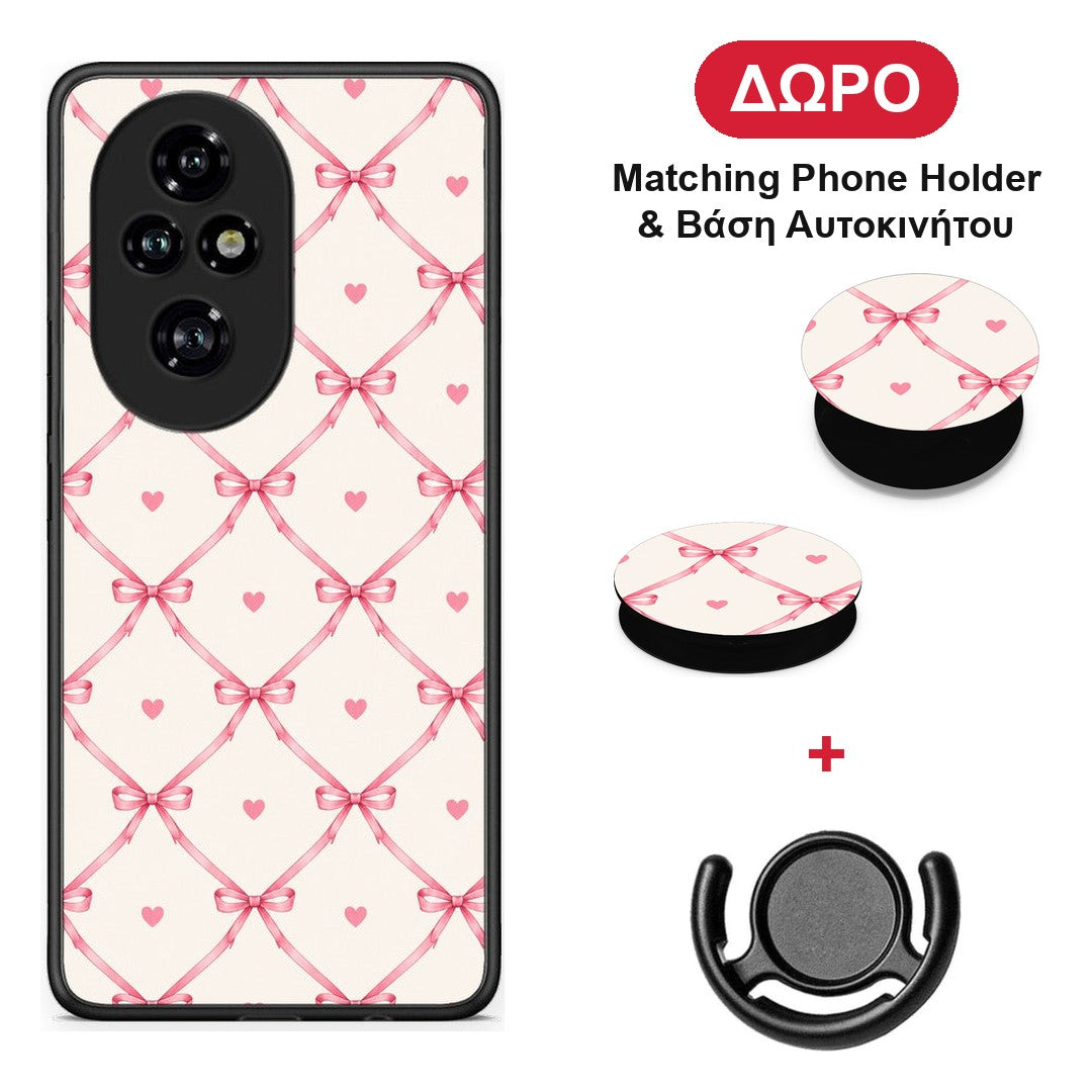 Pink Bow Lattice and Hearts on Cream - Honor 200 Pro 5G θήκη + Δώρο Phone Holder & Βάση Αυτοκινήτου