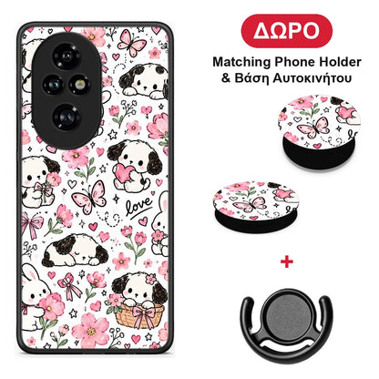 Pink Florals Puppies and Bunnies on White - Honor 200 Pro 5G θήκη + Δώρο Phone Holder & Βάση Αυτοκινήτου