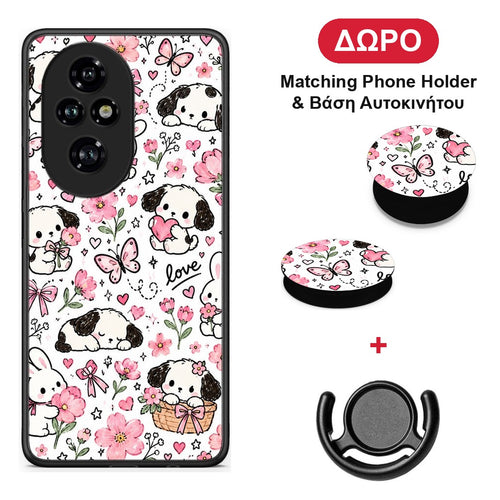 Pink Florals Puppies and Bunnies on White - Honor 200 Pro 5G θήκη + Δώρο Phone Holder & Βάση Αυτοκινήτου