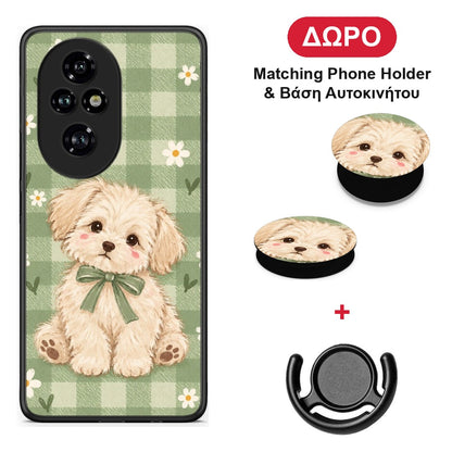 Puppy and Daisies on Sage Gingham - Honor 200 Pro 5G θήκη + Δώρο Phone Holder & Βάση Αυτοκινήτου