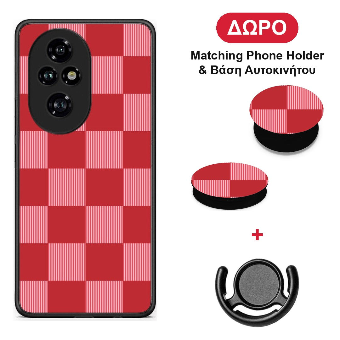 Red and Pink Striped Checks - Honor 200 Pro 5G θήκη + Δώρο Phone Holder & Βάση Αυτοκινήτου