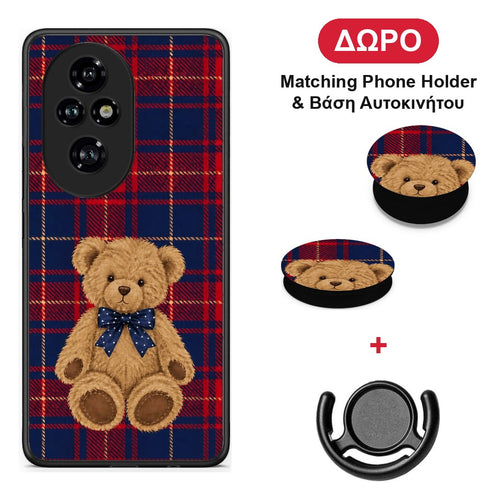 Teddy Bear on Red and Navy Tartan - Honor 200 Pro 5G θήκη + Δώρο Phone Holder & Βάση Αυτοκινήτου