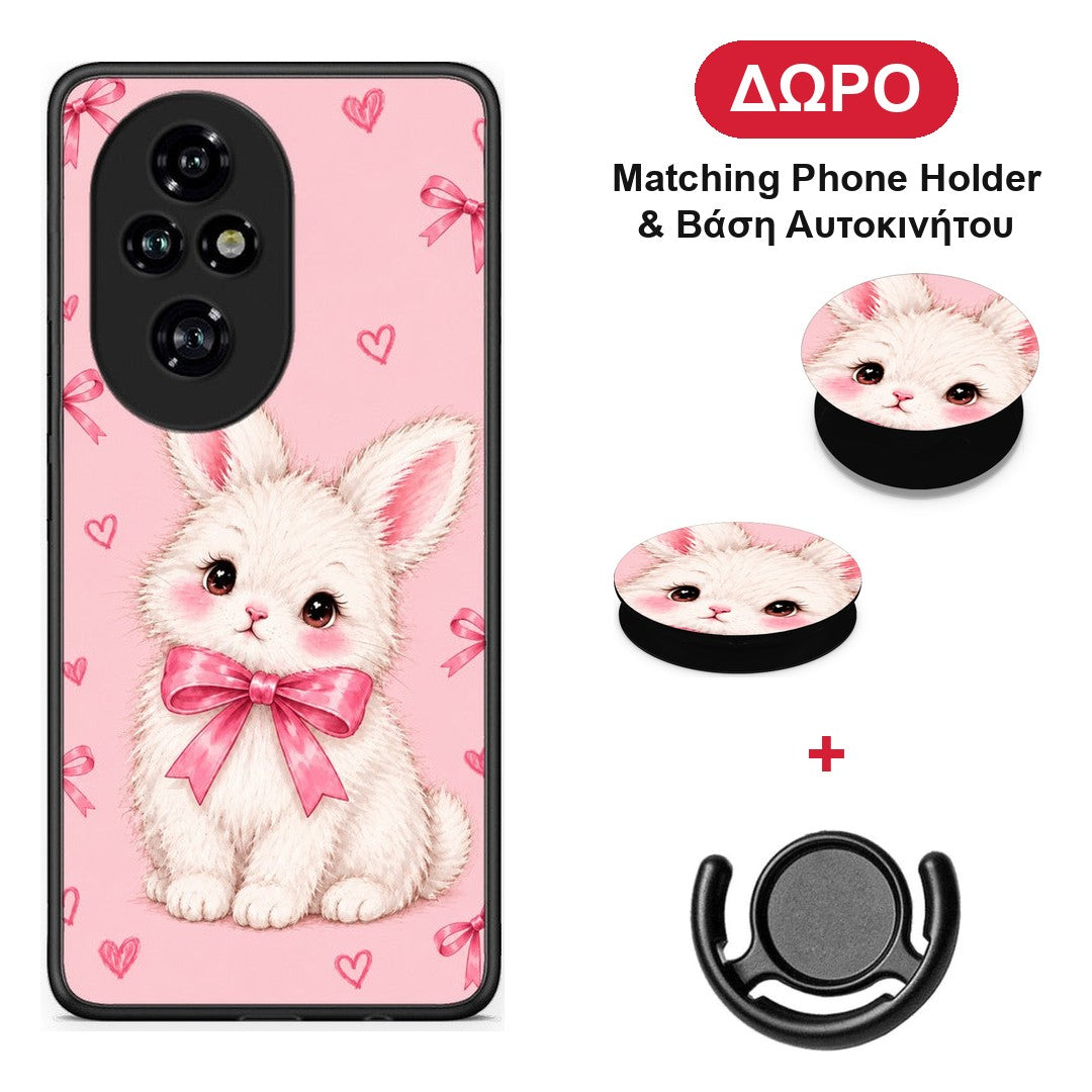 White Bunny and Pink Bows - Honor 200 Pro 5G θήκη + Δώρο Phone Holder & Βάση Αυτοκινήτου