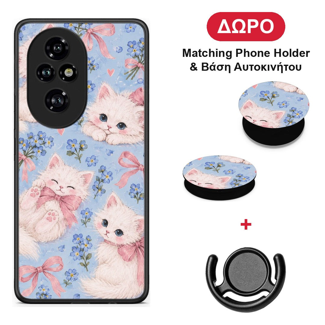 White Kittens and Blue Flowers Large - Honor 200 Pro 5G θήκη + Δώρο Phone Holder & Βάση Αυτοκινήτου