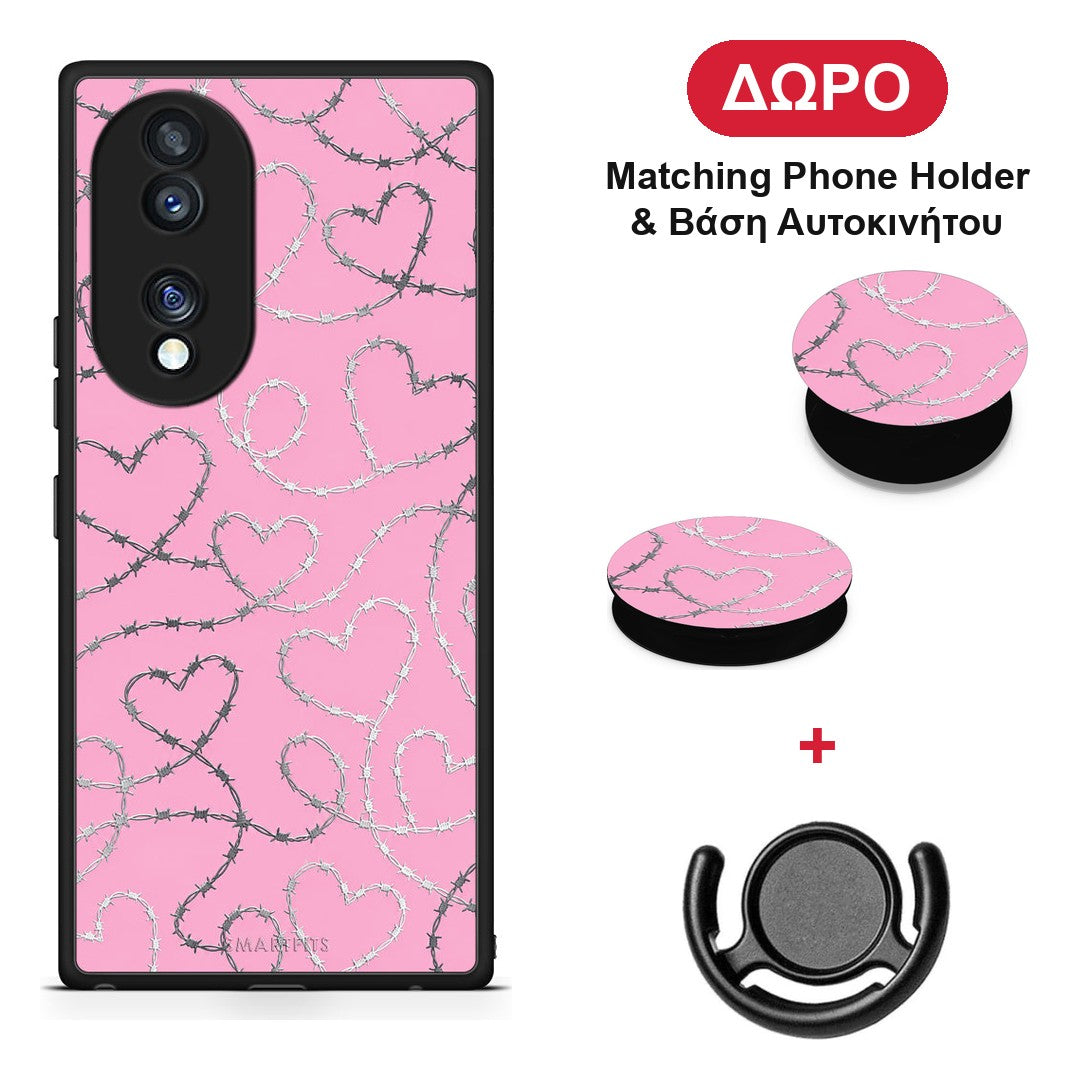 Barbed Wire Hearts on Pink - Honor 70 5G θήκη + Δώρο Phone Holder & Βάση Αυτοκινήτου