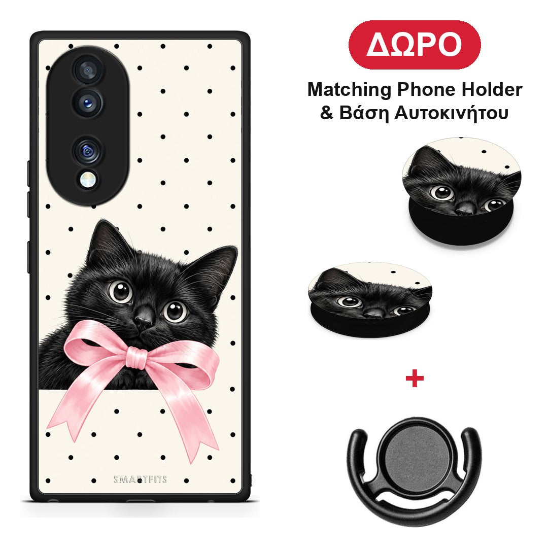 Black Kitten Pink Bow and Polka Dots - Honor 70 5G θήκη + Δώρο Phone Holder & Βάση Αυτοκινήτου