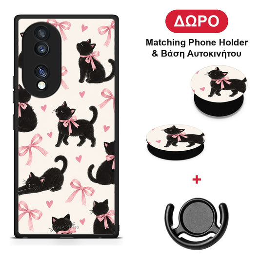 Black Kittens and Pink Bows on Cream Large - Honor 70 5G θήκη + Δώρο Phone Holder & Βάση Αυτοκινήτου