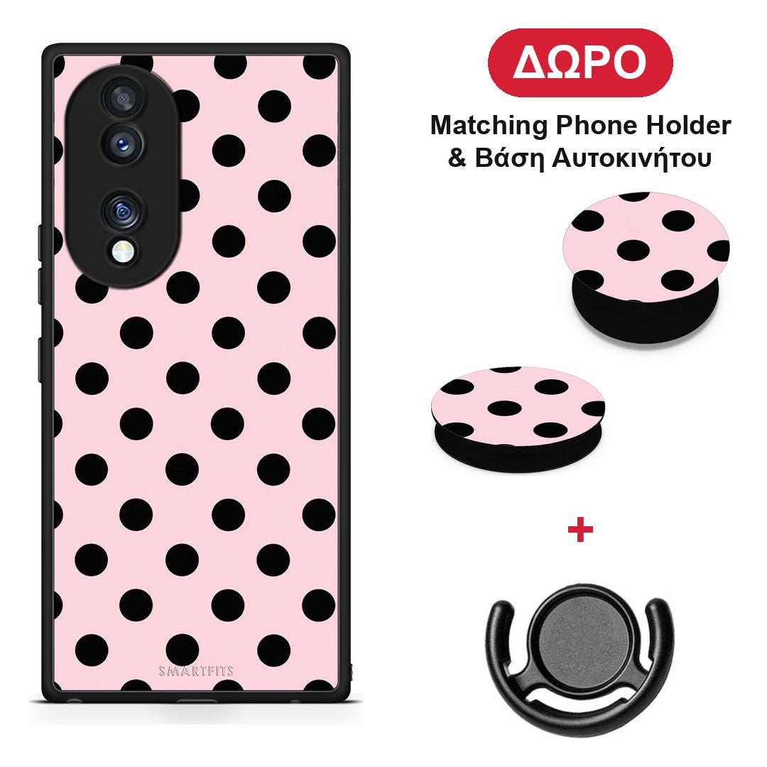 Black Polka Dots on Pink - Honor 70 5G θήκη + Δώρο Phone Holder & Βάση Αυτοκινήτου
