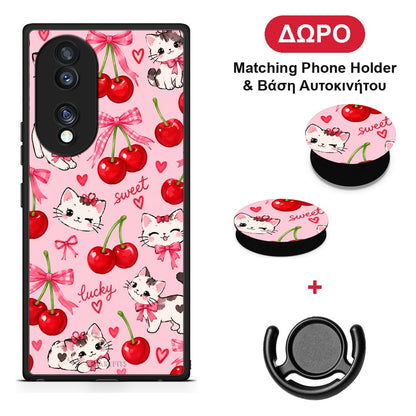 Cherries Bows and Kittens on Pink - Honor 70 5G θήκη + Δώρο Phone Holder & Βάση Αυτοκινήτου