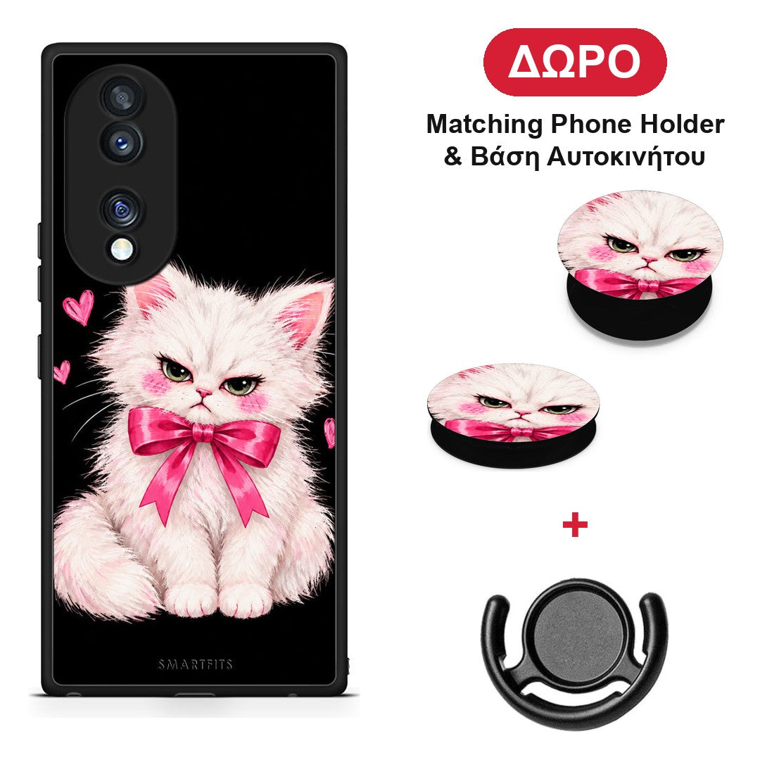 Grumpy Party Kitten on Black - Honor 70 5G θήκη + Δώρο Phone Holder & Βάση Αυτοκινήτου