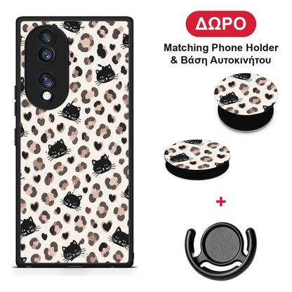 Leopard Spots and Black Cats on Cream - Honor 70 5G θήκη + Δώρο Phone Holder & Βάση Αυτοκινήτου
