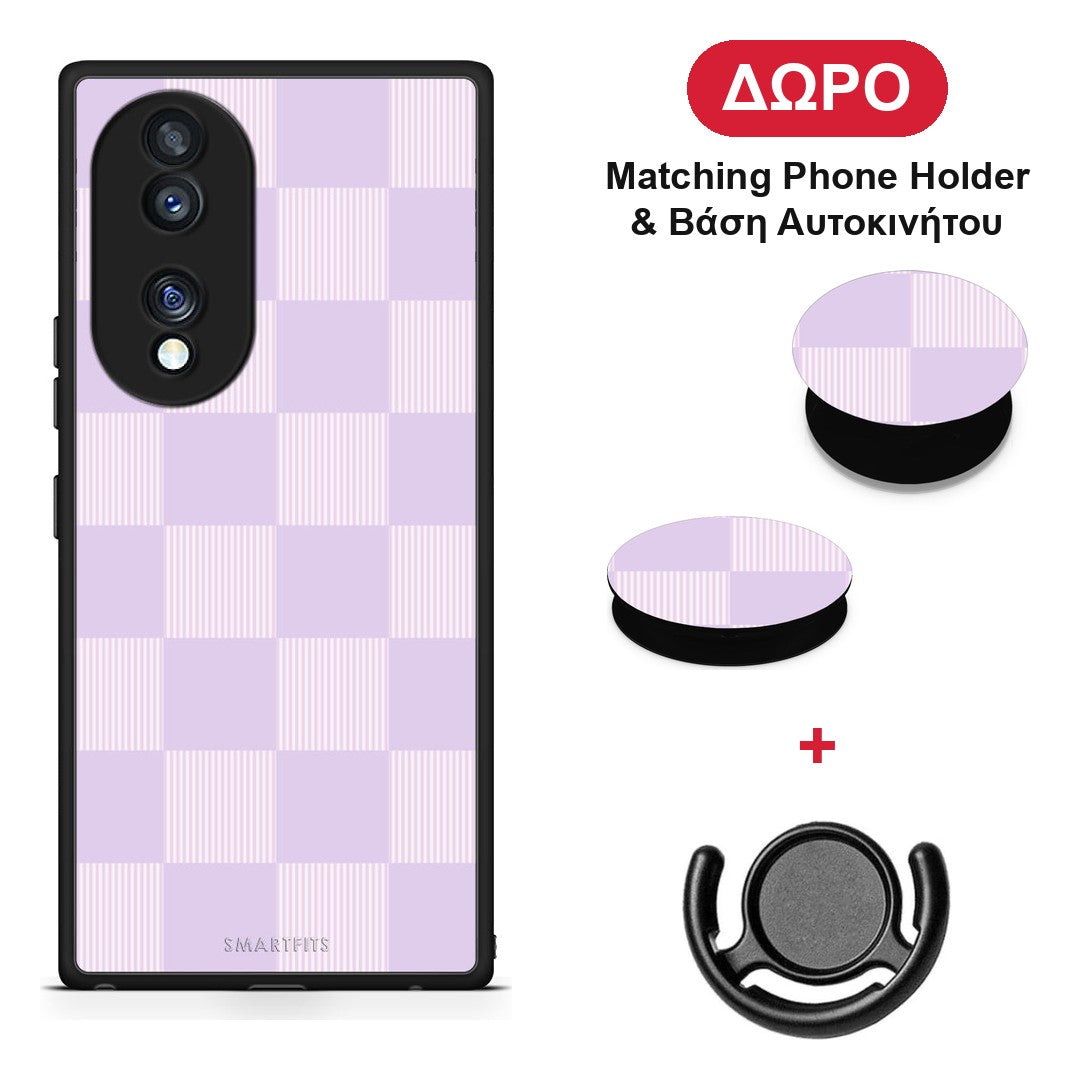 Lilac and Cream Striped Checks - Honor 70 5G θήκη + Δώρο Phone Holder & Βάση Αυτοκινήτου