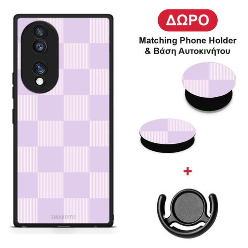 Lilac and Cream Striped Checks - Honor 70 5G θήκη + Δώρο Phone Holder & Βάση Αυτοκινήτου