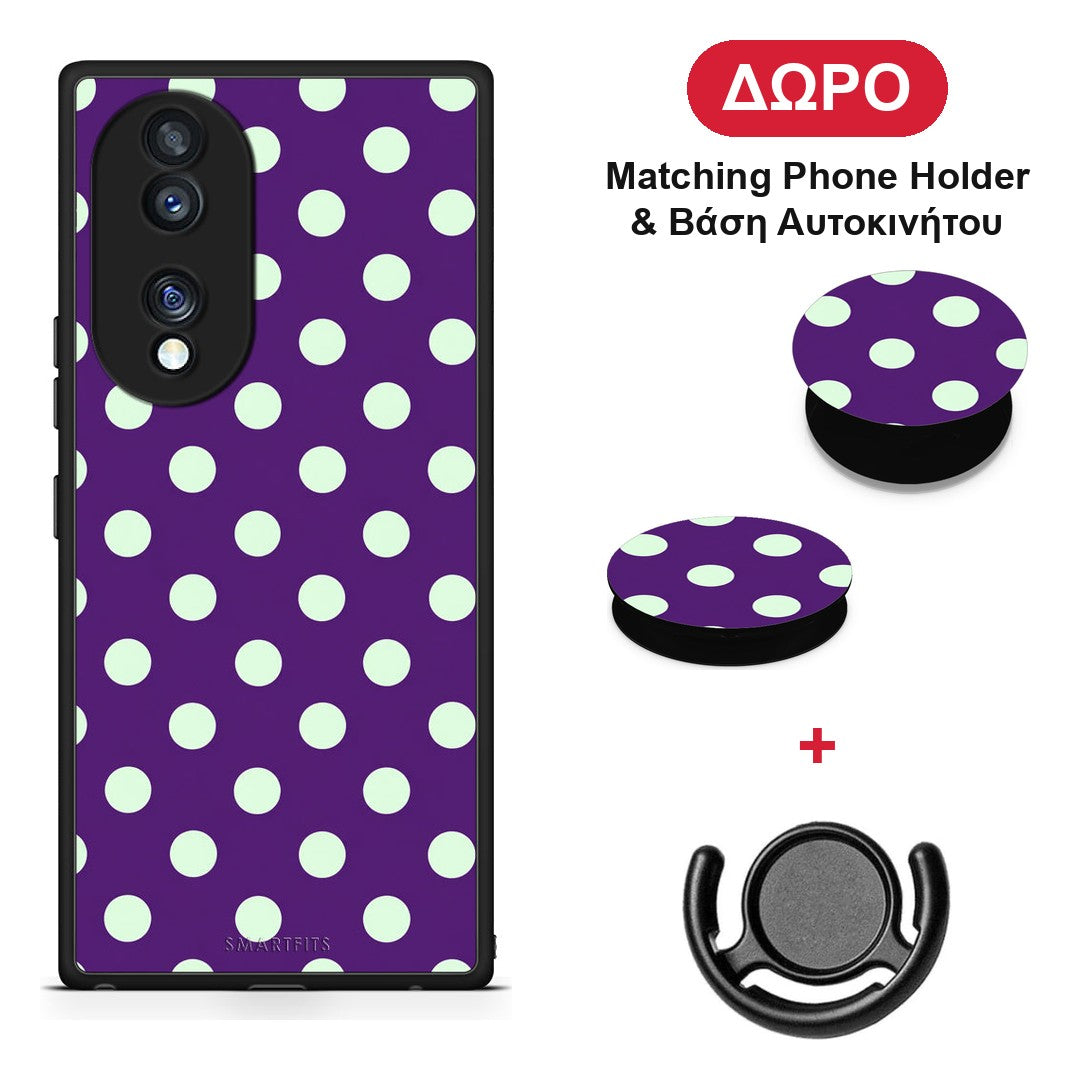 Mint Polka Dots on Purple - Honor 70 5G θήκη + Δώρο Phone Holder & Βάση Αυτοκινήτου